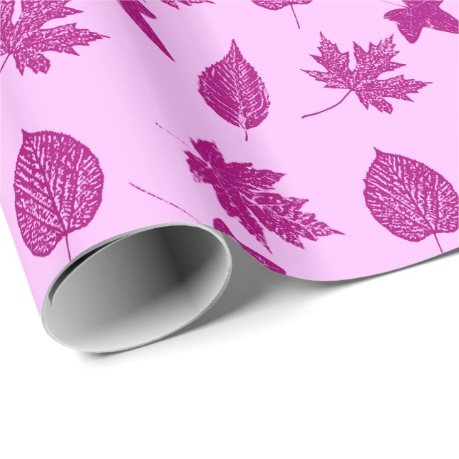 Papel De Presente Folhas de outono - ameixa e rosa orquídea (Ponta do rolo)