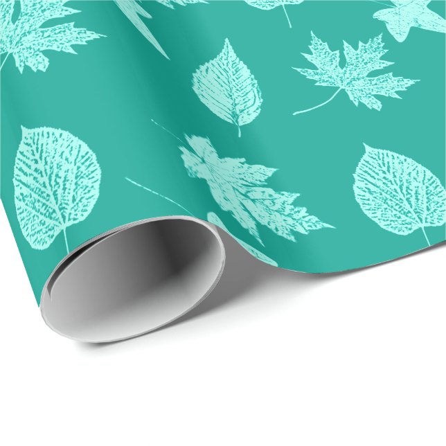Papel De Presente Folhas de outono - aqua e turquesa (Ponta do rolo)