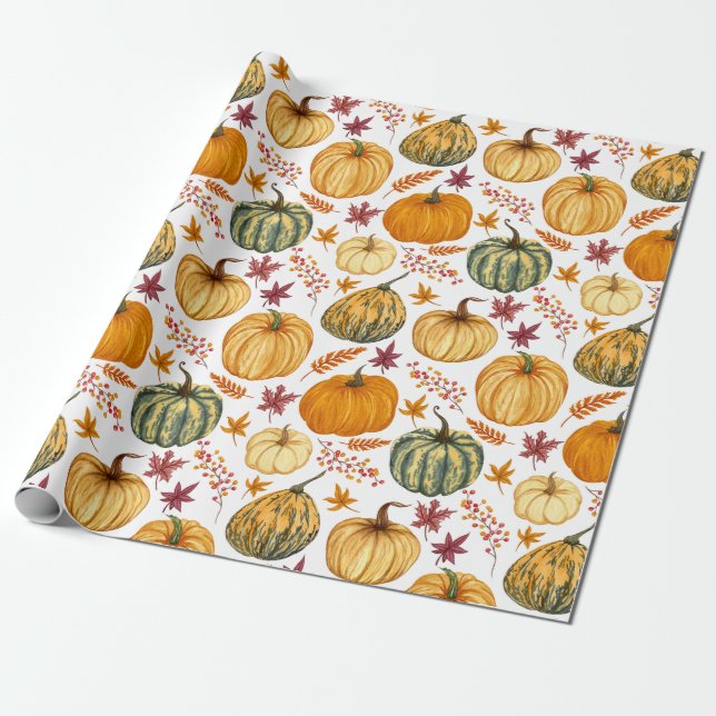 Papel De Presente Folhas de Outono, Bagas e Abóboras (Desenrolado)