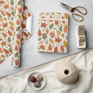 Papel De Presente Folhas de Outono Boho Caprichosas Aquarela