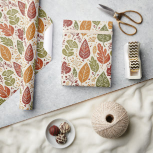 Papel De Presente Folhas de Outono Boho Caprichosas Aquarela