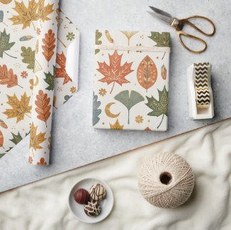 Papel De Presente Folhas de Outono Boho Caprichosas Aquarela