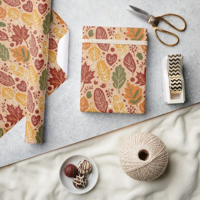 Papel De Presente Folhas de Outono Boho Caprichosas em Aquarela sobr (Artesanato)