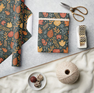 Papel De Presente Folhas de Outono Boho Caprichosas em Preto
