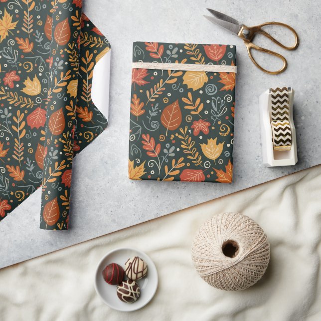 Papel De Presente Folhas de Outono Boho Caprichosas em Preto (Artesanato)