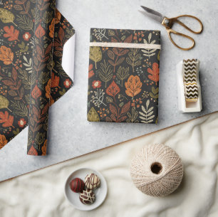 Papel De Presente Folhas de Outono Boho Caprichosas em Preto
