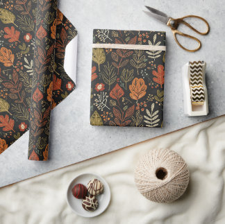 Papel De Presente Folhas de Outono Boho Caprichosas em Preto