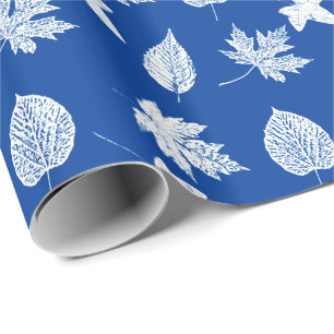 Papel De Presente Folhas de outono - branco e azul de cobalto
