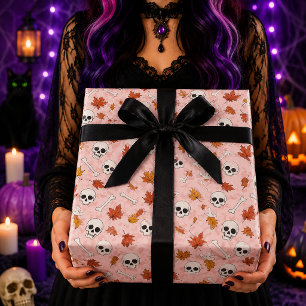 Papel De Presente Folhas de Outono com Caveira Rosa Padrão de Hallow