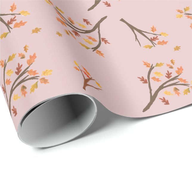 Papel De Presente Folhas de outono Cor-de-Rosa Esbranquiçada Cair (Ponta do rolo)