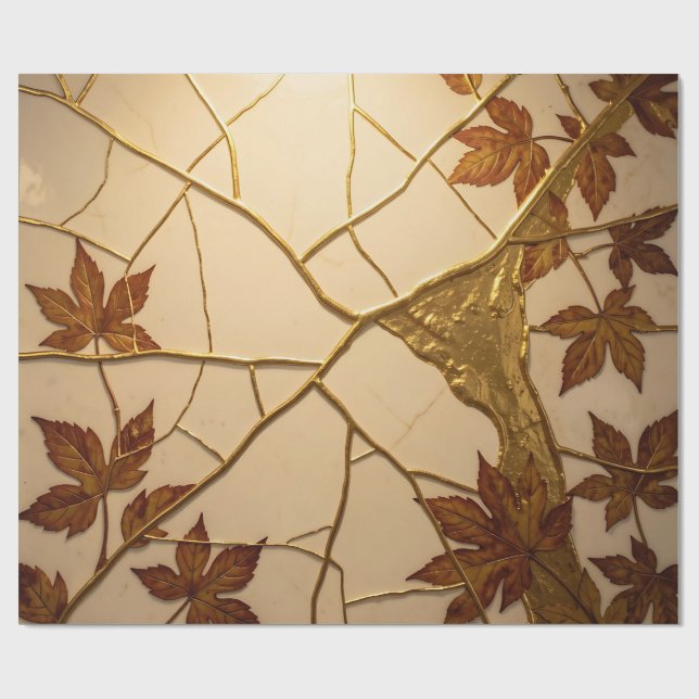 Papel De Presente Folhas de Outono em Mármore Dourado Kintsugi  (Aberto)