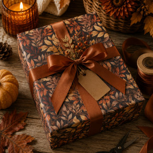 Papel de Presente Folhas de Outono em Marrom Rico