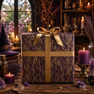 Papel De Presente Folhas de Outono em Ouro Elegante Ameixa Roxa