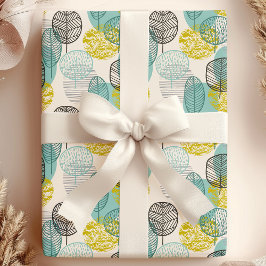 Papel De Presente Folhas de Outono em Verde Azul e Dourado