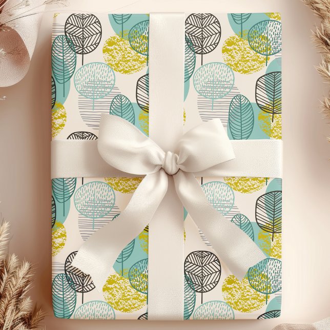 Papel De Presente Folhas de Outono em Verde Azul e Dourado (Criador carregado)