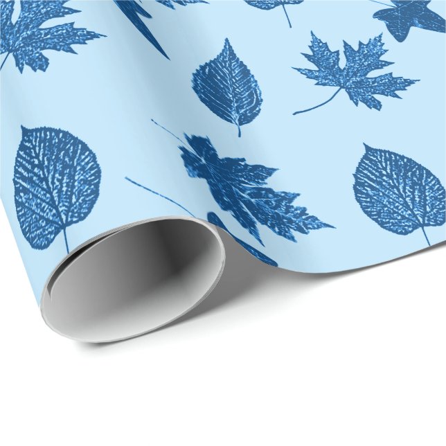 Papel De Presente Folhas de outono - índigo e azul pálido (Ponta do rolo)