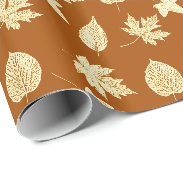 Papel De Presente Folhas de outono - marrom-ferrugem e creme (Ponta do rolo)