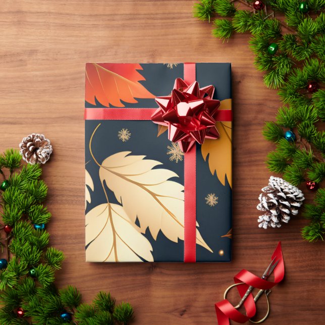 Papel De Presente Folhas de outono Padrão Retroativo Laranja (Presente de Natal)