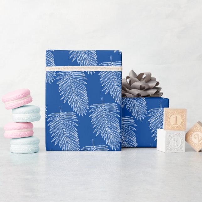 Papel De Presente Folhas de Palma Branca Tropicais, Azul (Chá de bebê)