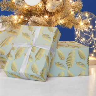 Papel De Presente Folhas de Palma Douradas Padrão e Tom de Azul