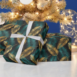 Papel De Presente Folhas de Palma em Dourado e Azul Padrão Tropica