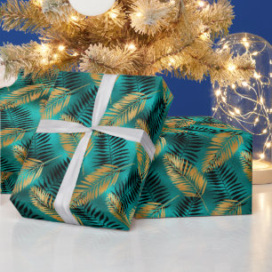 Papel De Presente Folhas de Palma em Dourado e Turquesa Padrão Tro