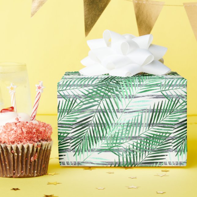 Papel De Presente Folhas de palma num fundo branco e preto listrado (Festa de aniversário)
