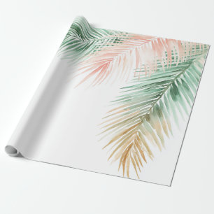 Papel De Presente Folhas de Palmeira Tropicais Rosa Verde Azul Paste