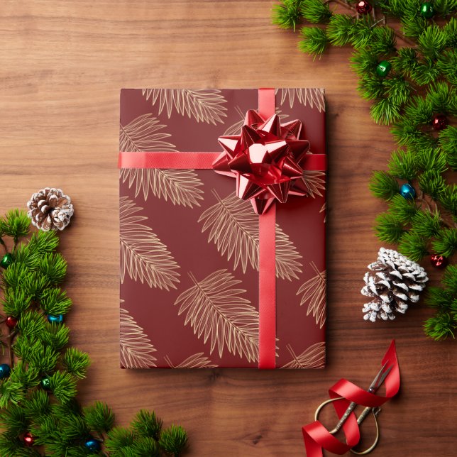 Papel De Presente Folhas Douradas Metálicas Tropicais, Borgonha (Presente de Natal)