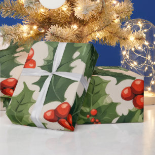 Papel De Presente Folhas e Bagas de Azevinho de Natal Elegantes Pres