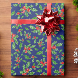 Papel De Presente Folhas e bagas de azevinho de Natal vermelhas e ve