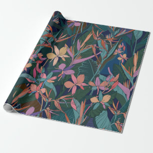 Papel De Presente Folhas e flores da selva tropical coloridas