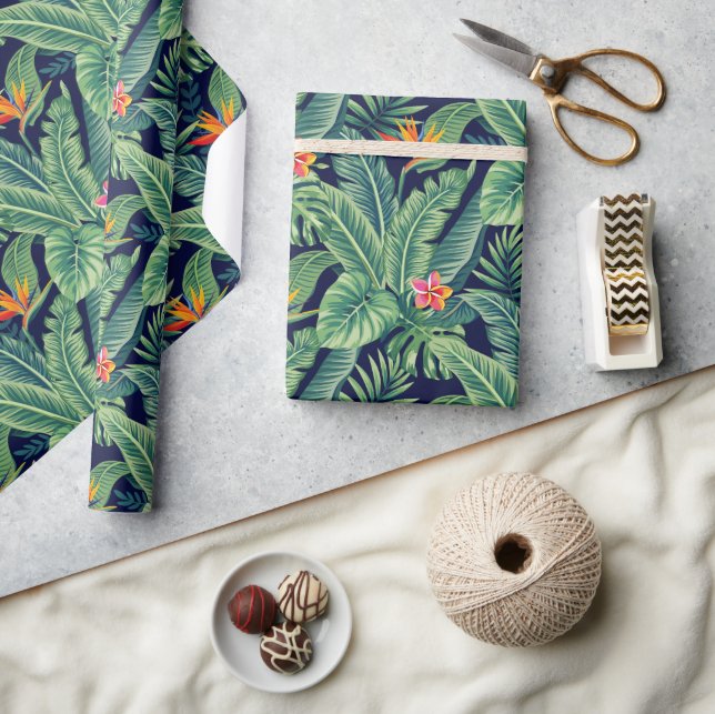 Papel De Presente Folhas e flores tropicais de banana monstera (Artesanato)