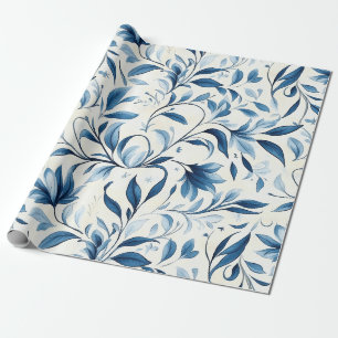 Papel De Presente Folhas Elegantes em Paisley Azul - Fundo Branco