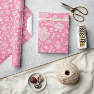 Papel De Presente Folhas Elegantes Padrão de Arte Floral em Rosa Que