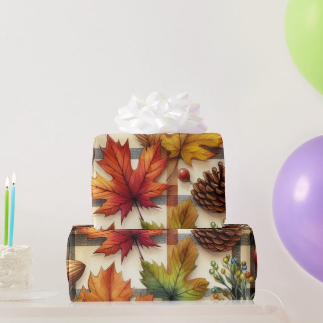 Papel De Presente Folhas Festivas de Outono em Xadrez (Presentes para festas)