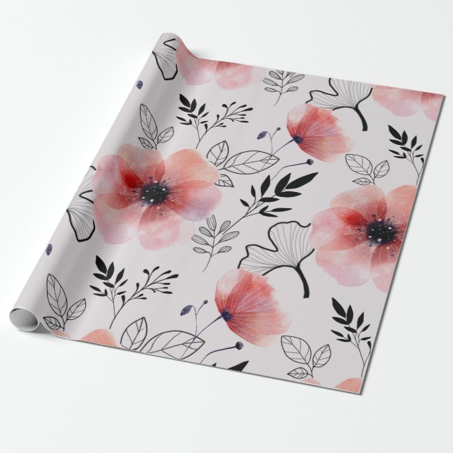 Papel De Presente Folhas florais de laranja delicadas e modernas (Desenrolado)