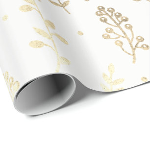Papel De Presente Folhas Florais Delicado Dourado Branco Metálico