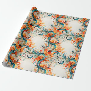 Papel De Presente Folhas Laranja e Turquesa