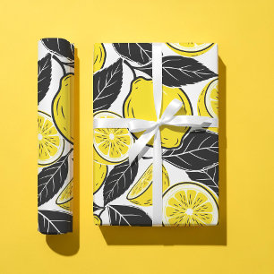 Papel De Presente Folhas Pretas e Limão Moderno e Ousado Padrão Sem 