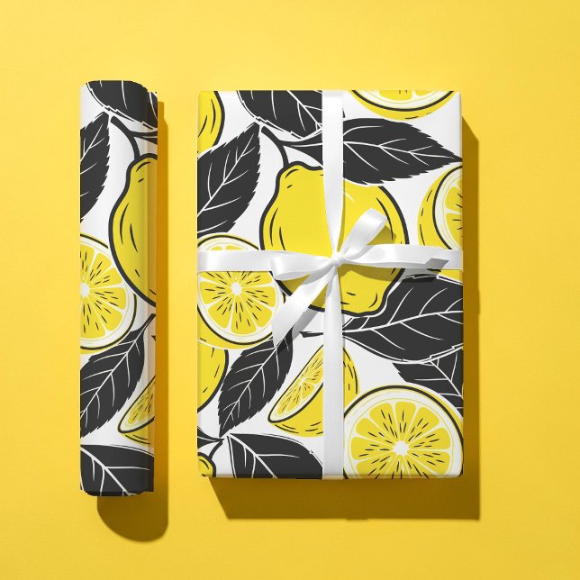Papel De Presente Folhas Pretas e Limão Moderno e Ousado Padrão Sem  (Criador carregado)