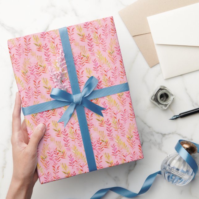 Papel De Presente Folhas Rosa e Amarela em Rosa  (Presentear)