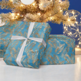 Papel De Presente Folhas Tropicais Azuis Douradas