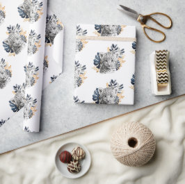 Papel De Presente Folhas Tropicais Azuis-Leopardo Branco
