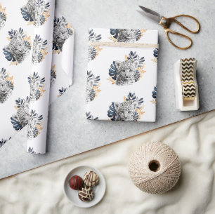 Papel De Presente Folhas Tropicais Azuis-Leopardo Branco