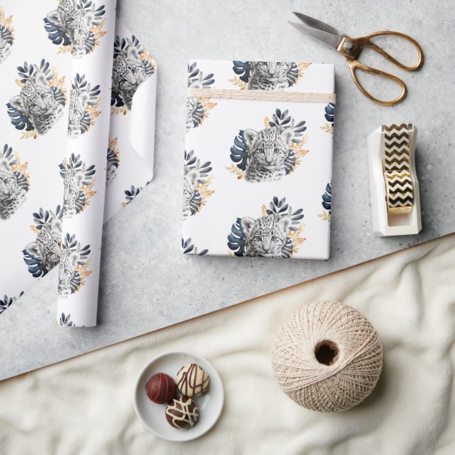 Papel De Presente Folhas Tropicais Azuis-Leopardo Branco (Artesanato)