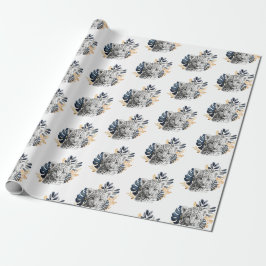 Papel De Presente Folhas Tropicais Azuis-Leopardo Branco