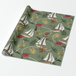 Papel De Presente Folhas tropicais, barcos e cabos de marinheiro