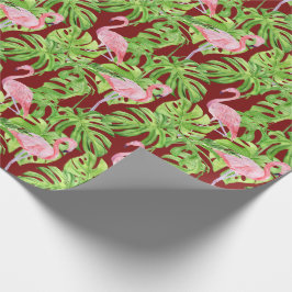 Papel De Presente Folhas tropicais cor-de-rosa Flamingo no Borgonha
