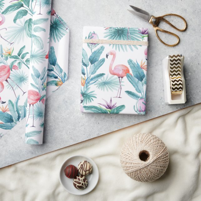Papel De Presente Folhas tropicais cor-de-rosa flamingos (Artesanato)